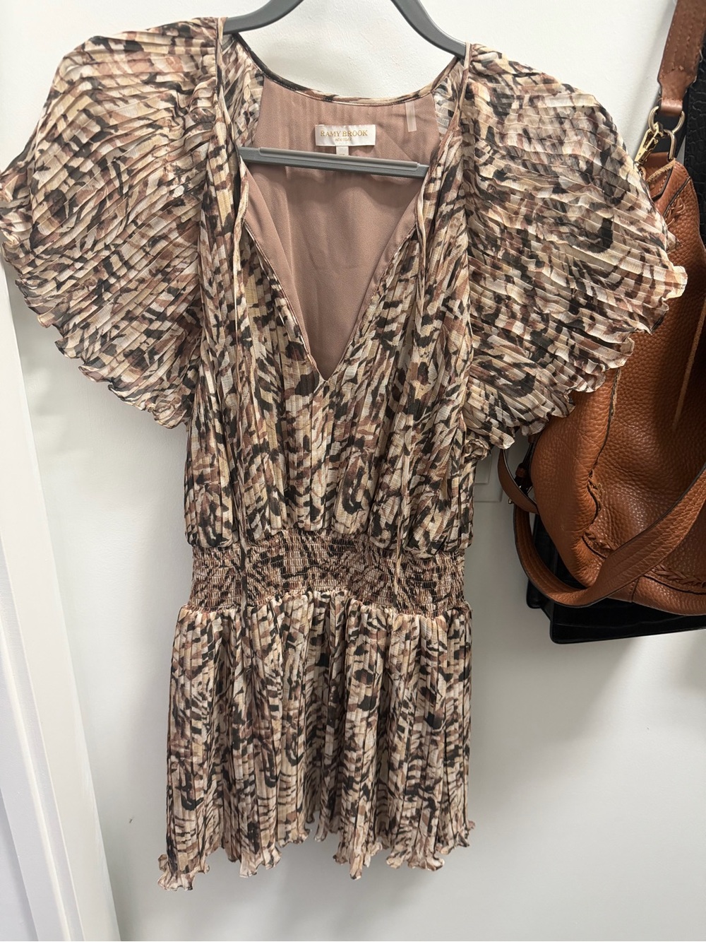 Ramy Brook Beige and Brown Abstract Pleated V-Neck Mini Dress
